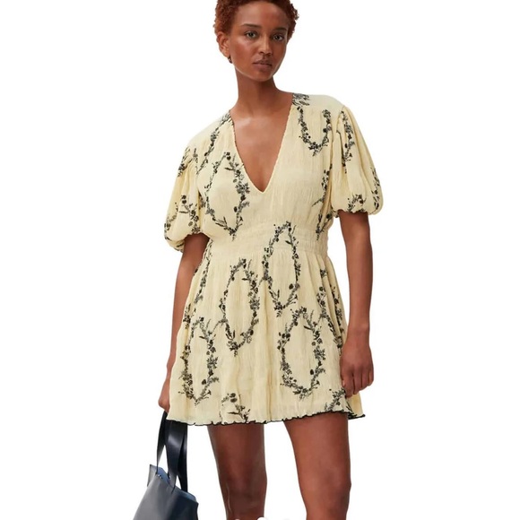 Ganni Dresses & Skirts - GANNI Pleated Georgette V-neck Smock Mini Dress Floral Shadow Flan SZ Large NEW